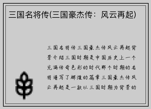 三国名将传(三国豪杰传：风云再起)
